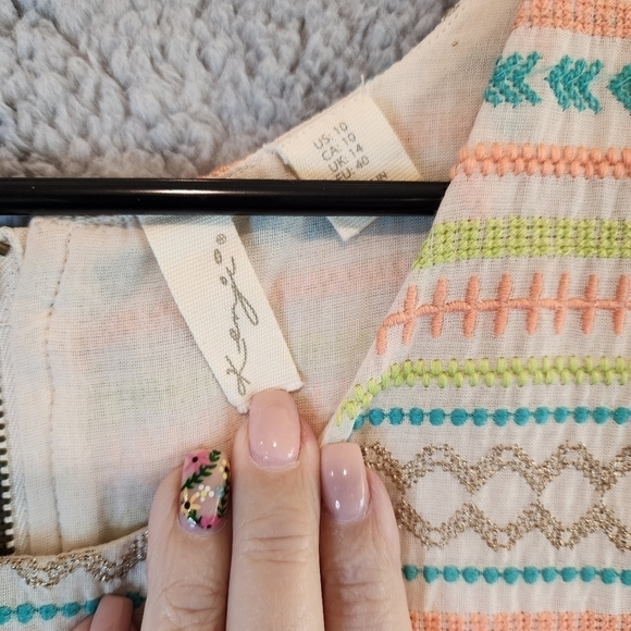 Kenji Dress Sz 10 Cream Green Pink Blue Embroidered Fit Flare Sleeveless Boho - Picture 2 of 8